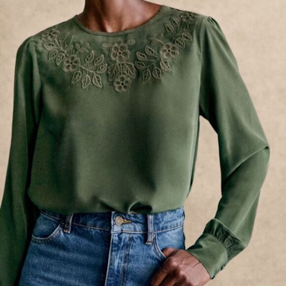 NWOT Sezane Carlotine Silk Blouse Dark Green - Picture 1 of 11